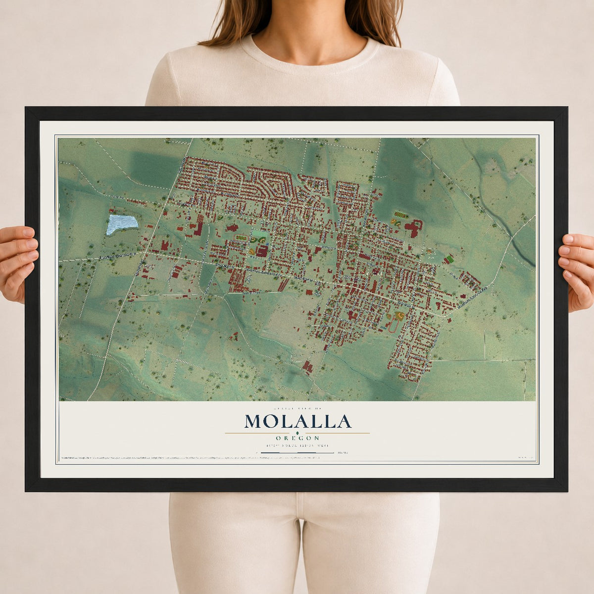 Map of Molalla, Oregon, 18 x 24 inch print in a black wood frame