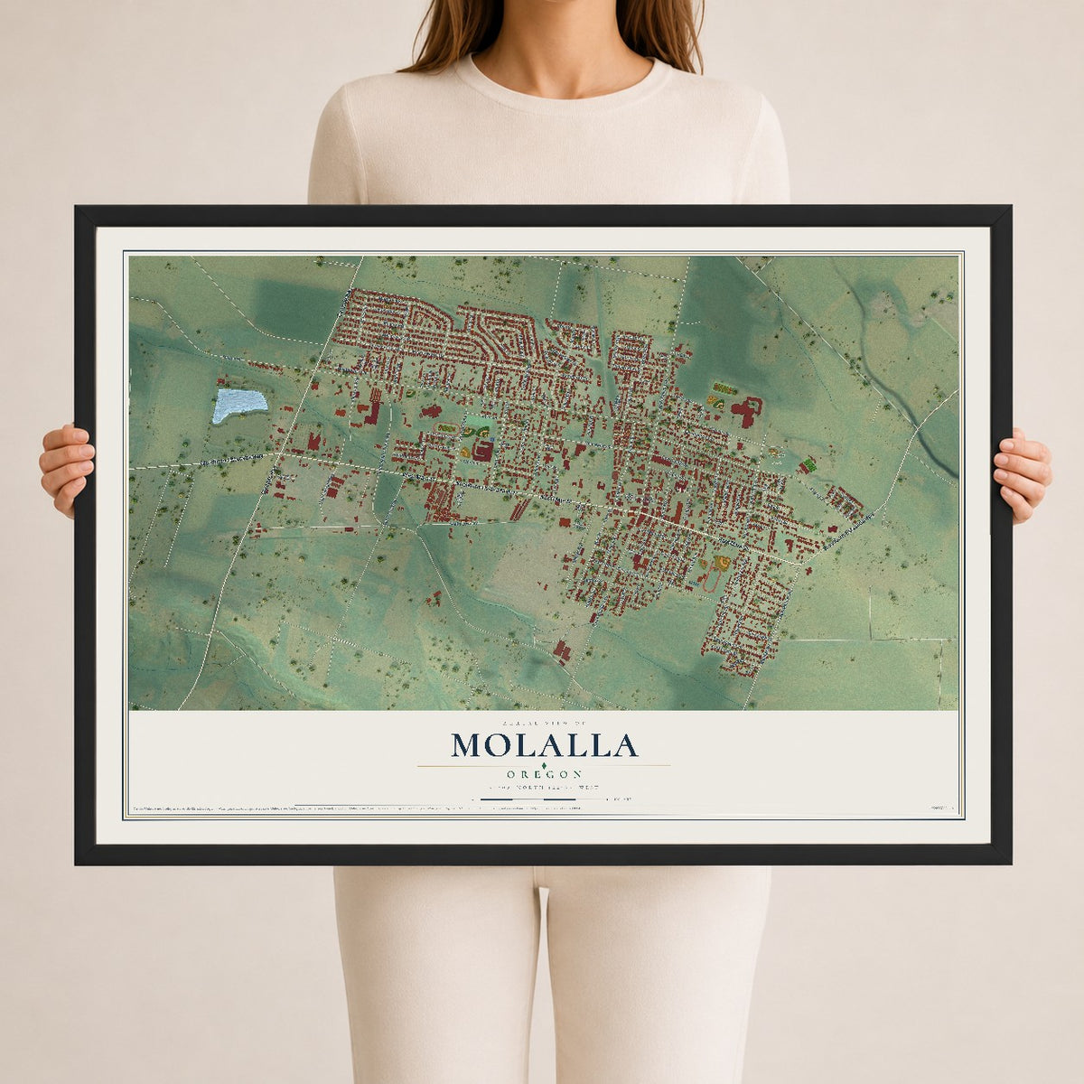 Map of Molalla, Oregon, 24 x 36 inch print in a black wood frame