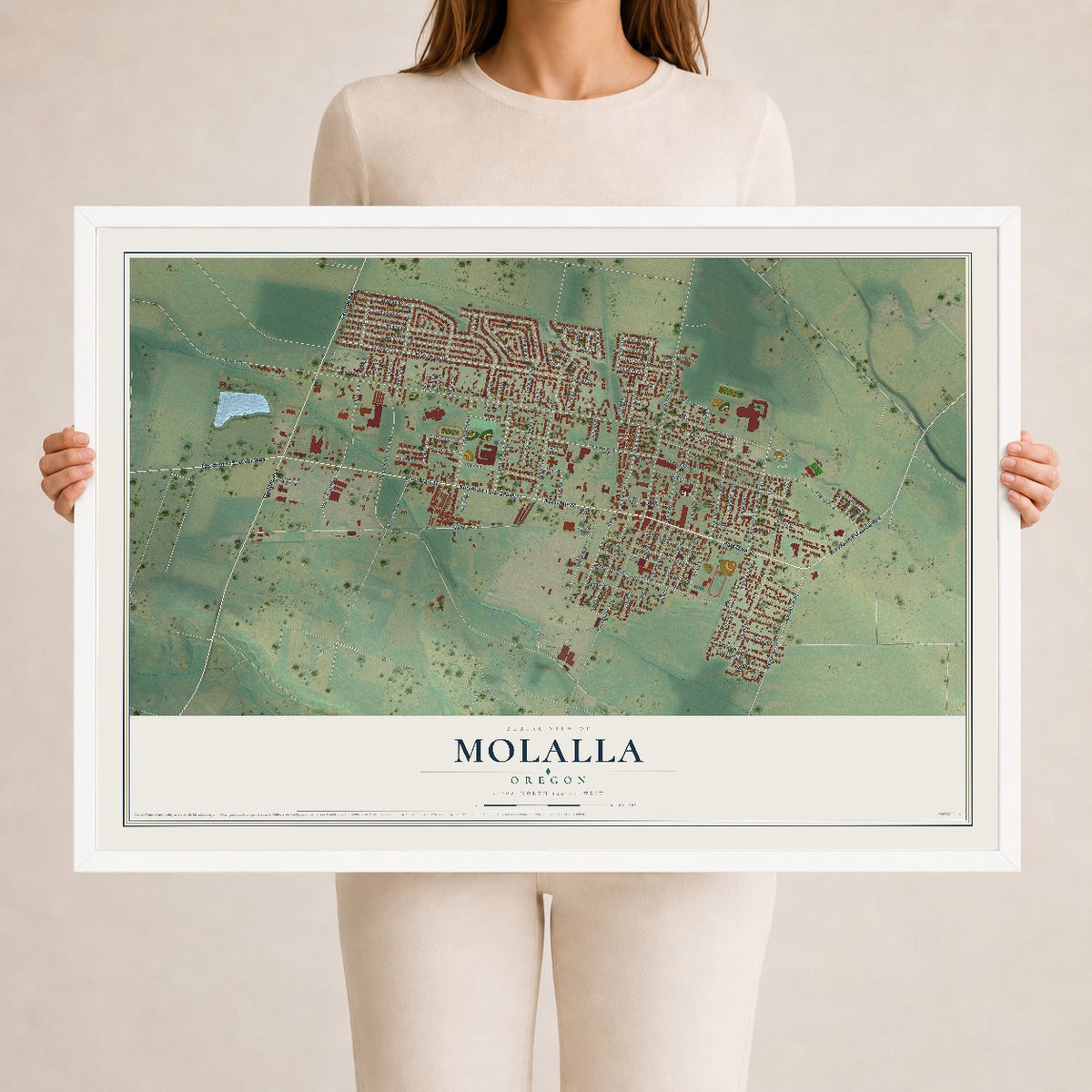 Map of Molalla, Oregon, 24 x 36 inch print in a white wood frame