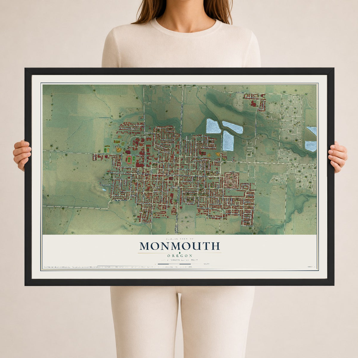 Map of Monmouth, Oregon, 24 x 36 inch print in a black wood frame