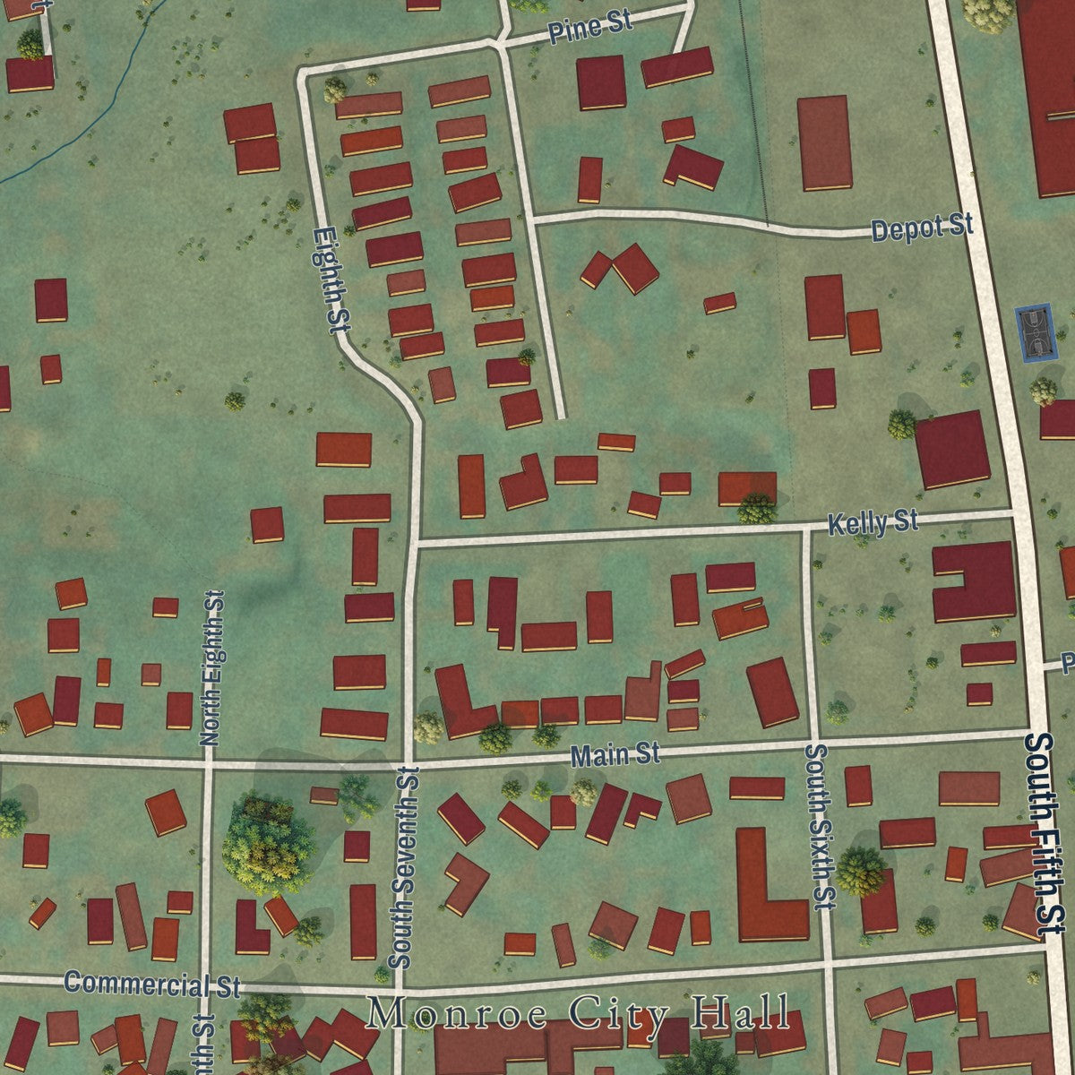 Close-up of the map of Monroe, Oregon print showing street and building detail