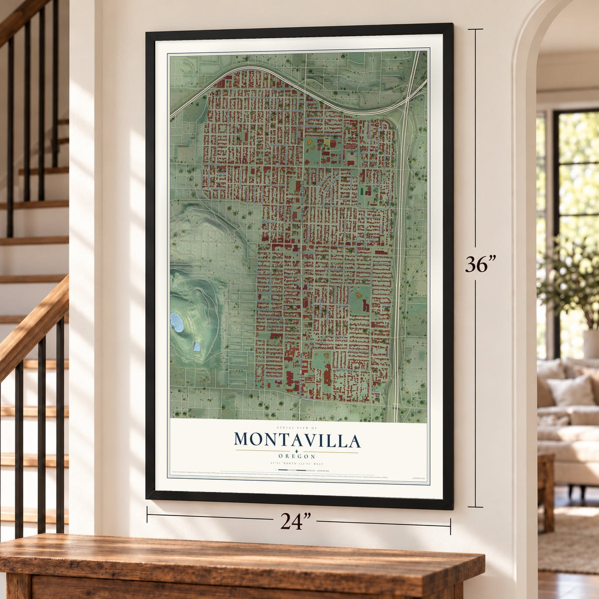 Montavilla, Oregon map, 24 x 36 inch print in a black frame by a staircase