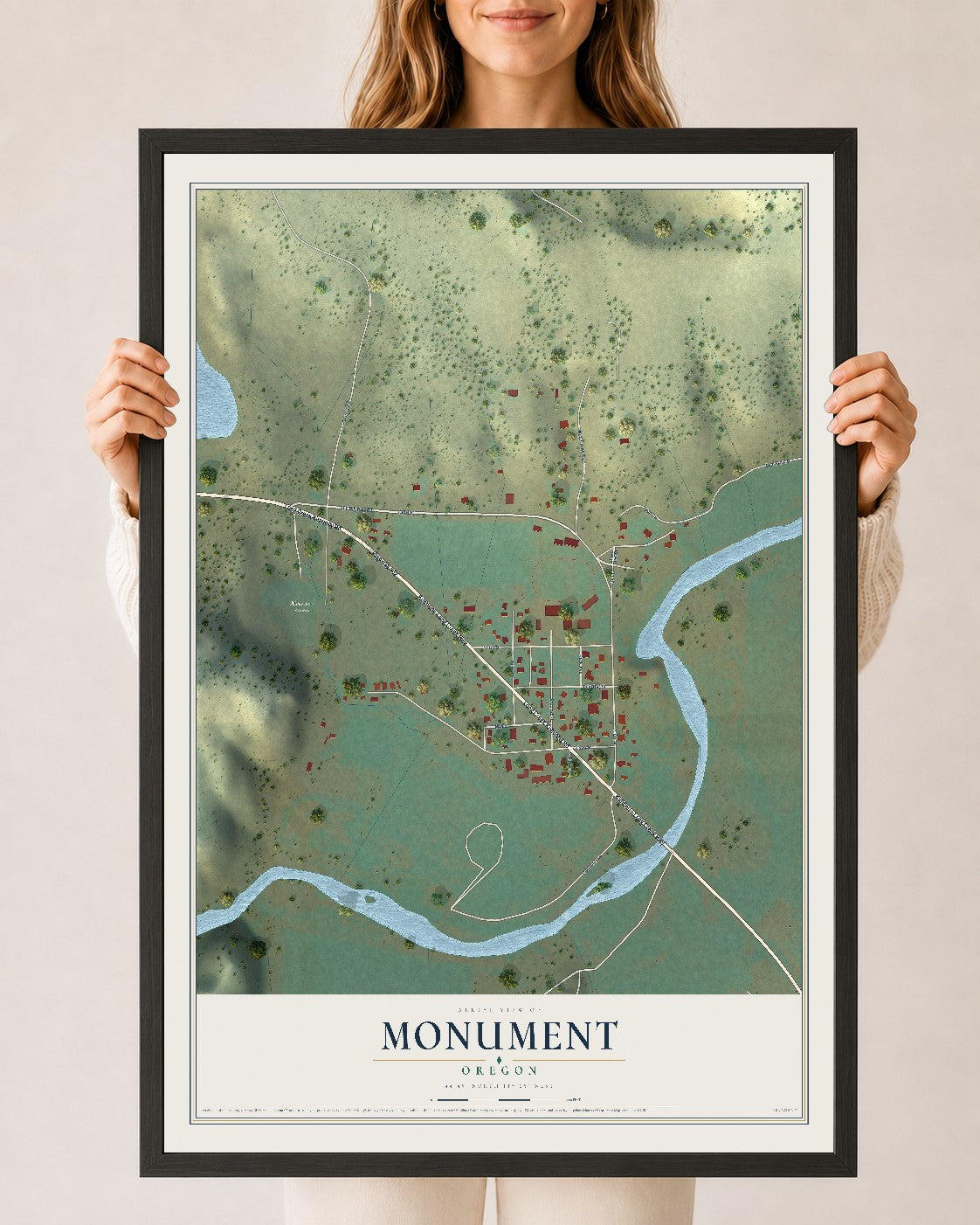 Map of Monument, Oregon, 24 x 36 inch print in a black wood frame