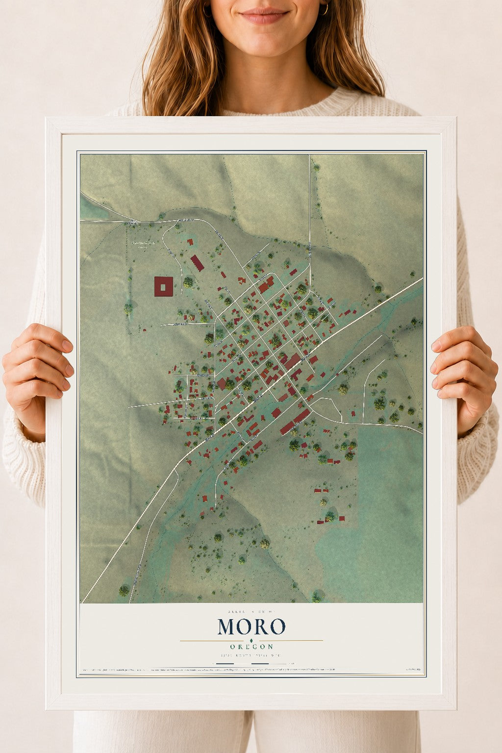 Map of Moro, Oregon, 18 x 24 inch print in a white wood frame