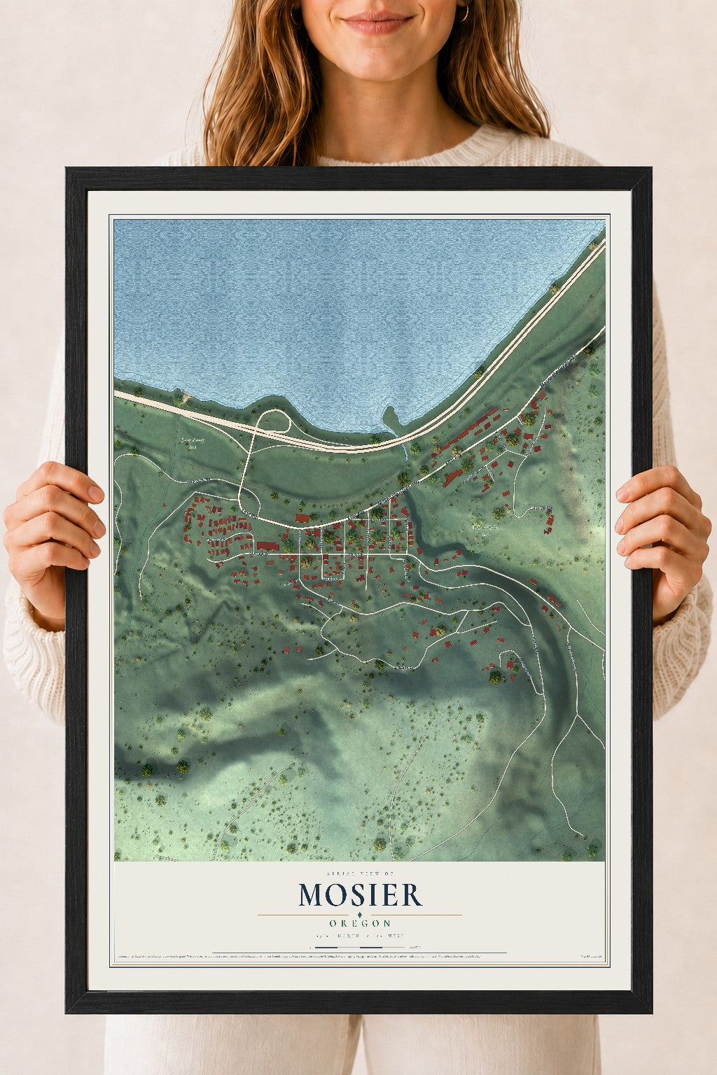 Map of Mosier, Oregon, 18 x 24 inch print in a black wood frame