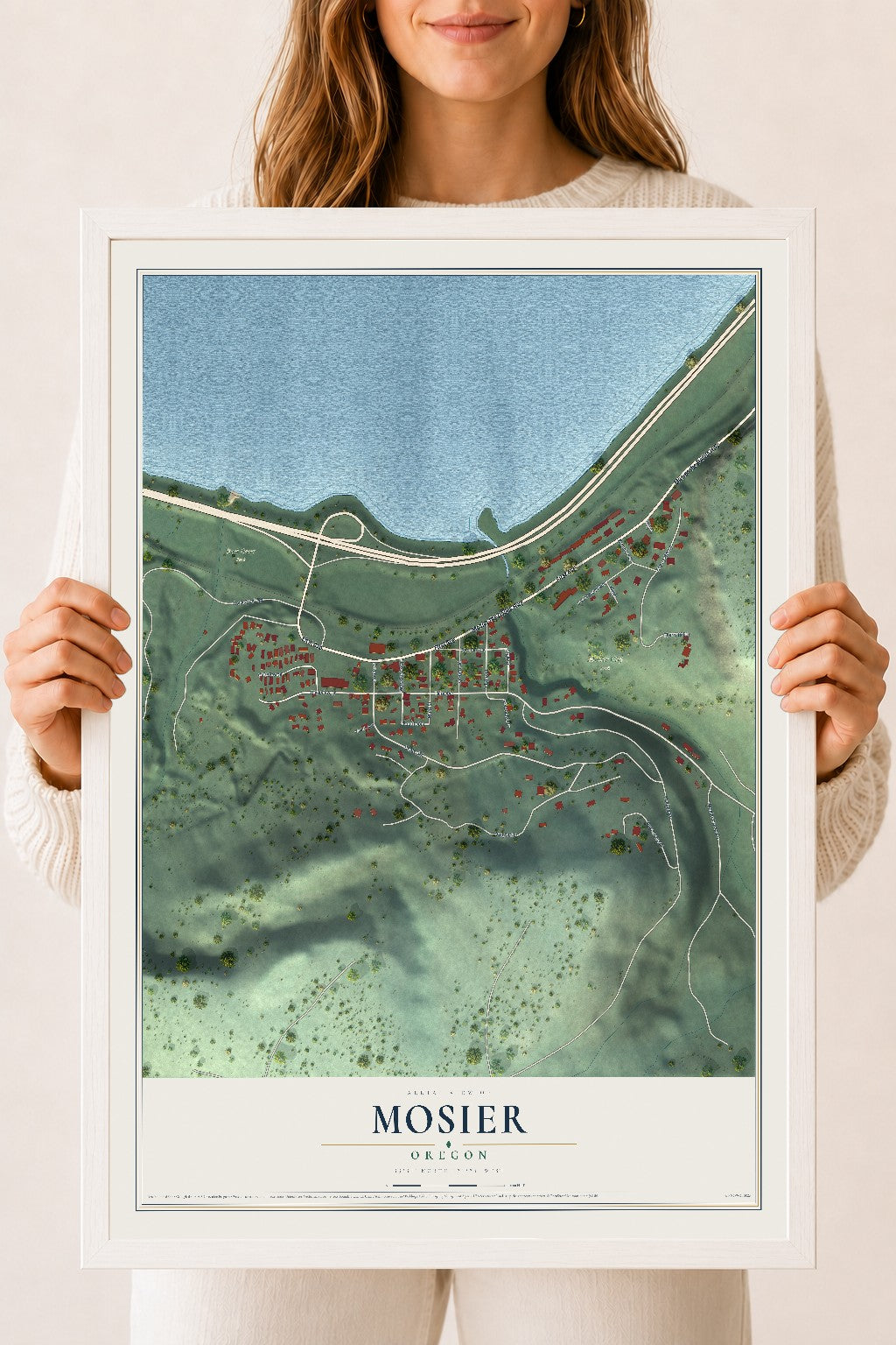 Map of Mosier, Oregon, 18 x 24 inch print in a white wood frame