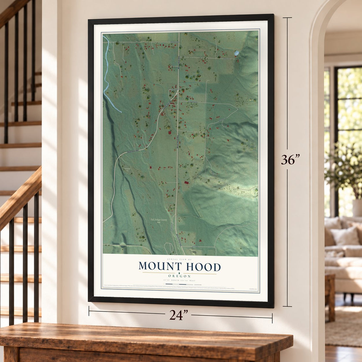 Mount Hood, Oregon map, 24 x 36 inch print in a black frame by a staircase