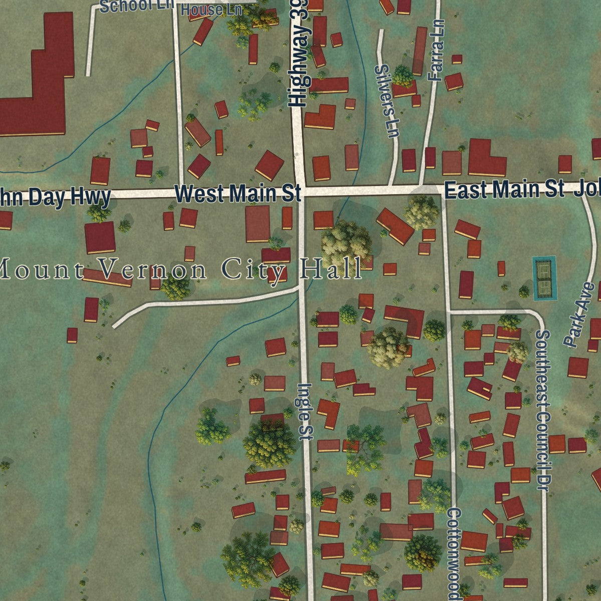 Close-up of the map of Mount Vernon, Oregon print showing street and building detail
