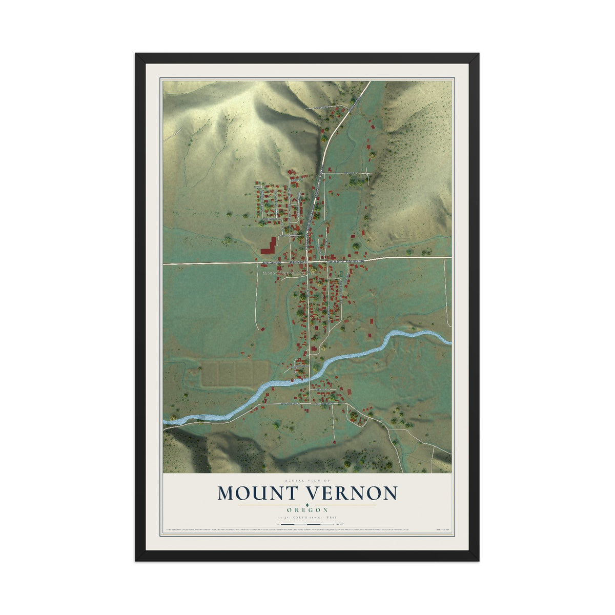 Map of Mount Vernon, Oregon, 12 x 18 inch print in a black wood frame