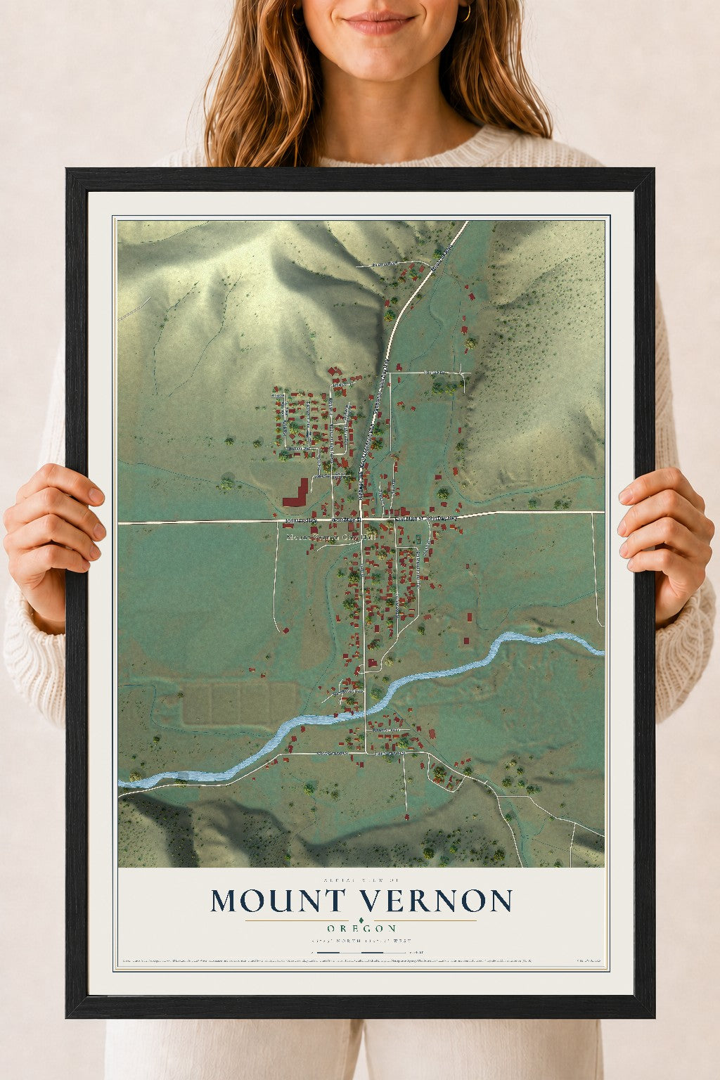 Map of Mount Vernon, Oregon, 18 x 24 inch print in a black wood frame