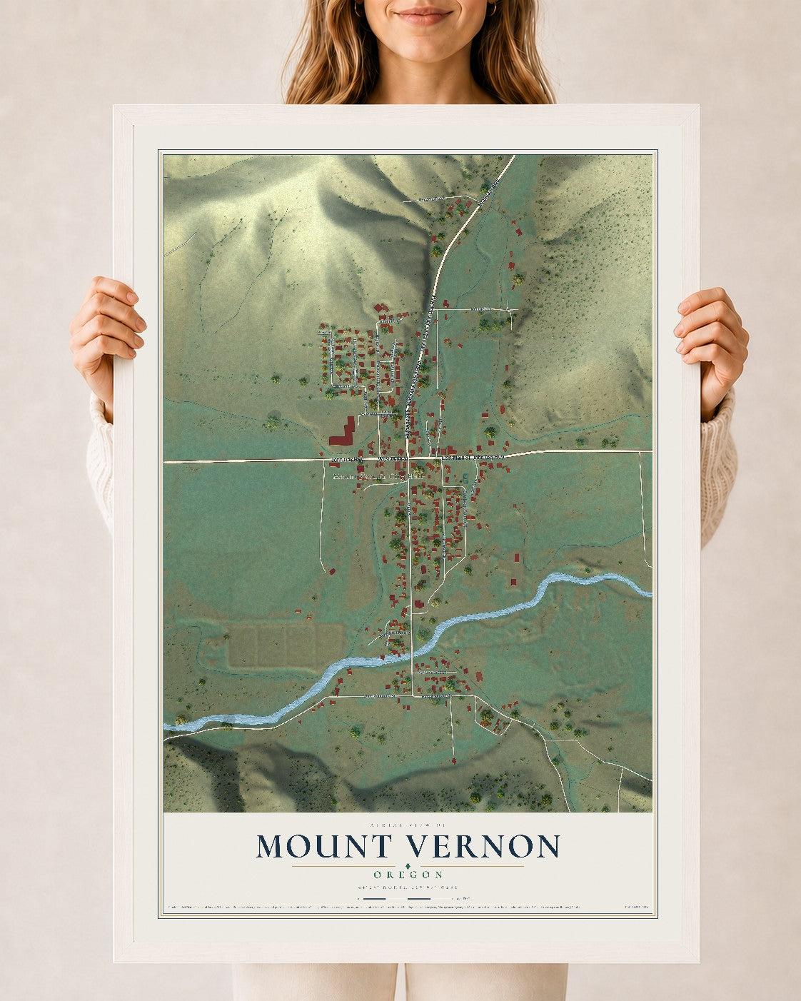 Map of Mount Vernon, Oregon, 24 x 36 inch print in a white wood frame