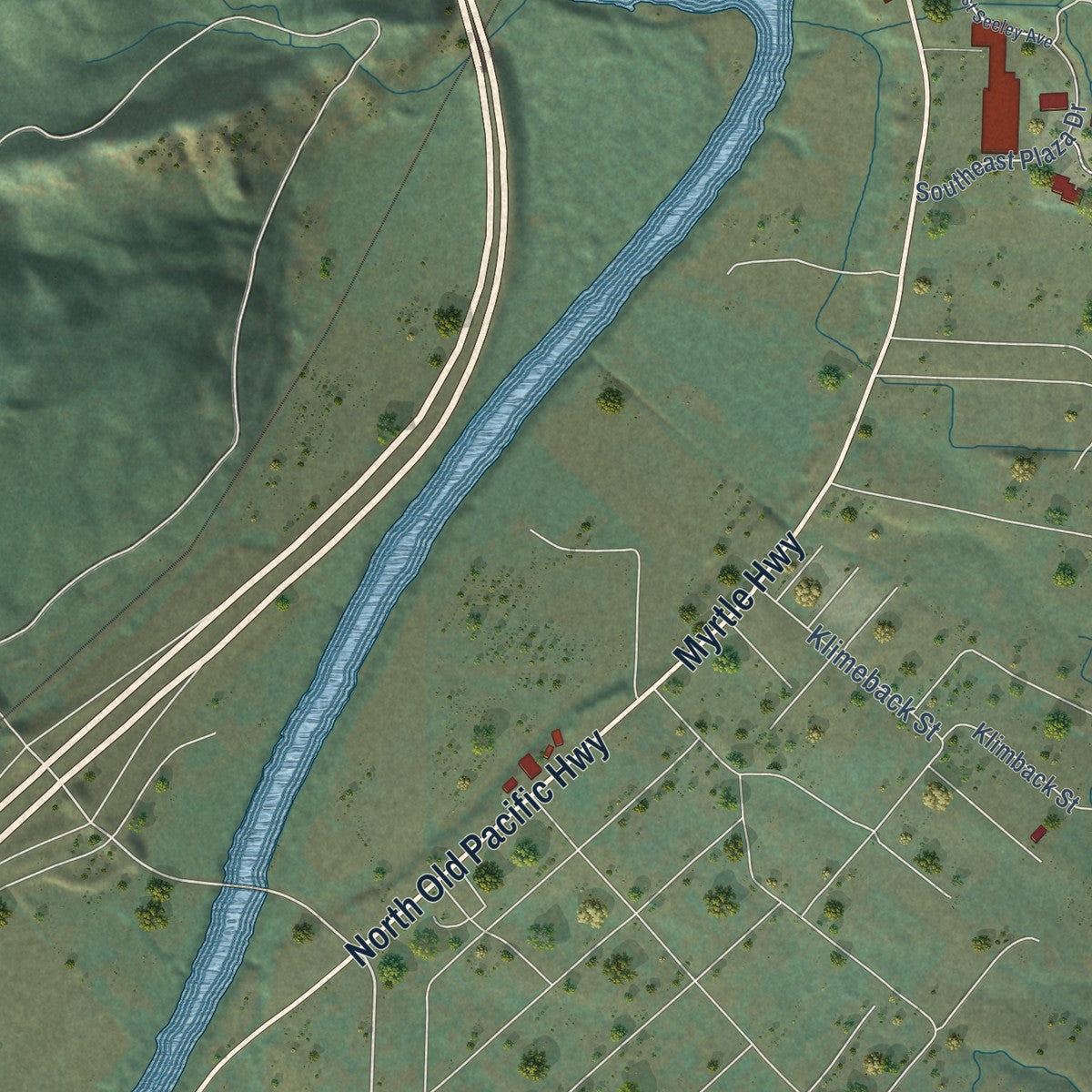 Second close-up of the map of Myrtle Creek, Oregon print showing more streets and buildings