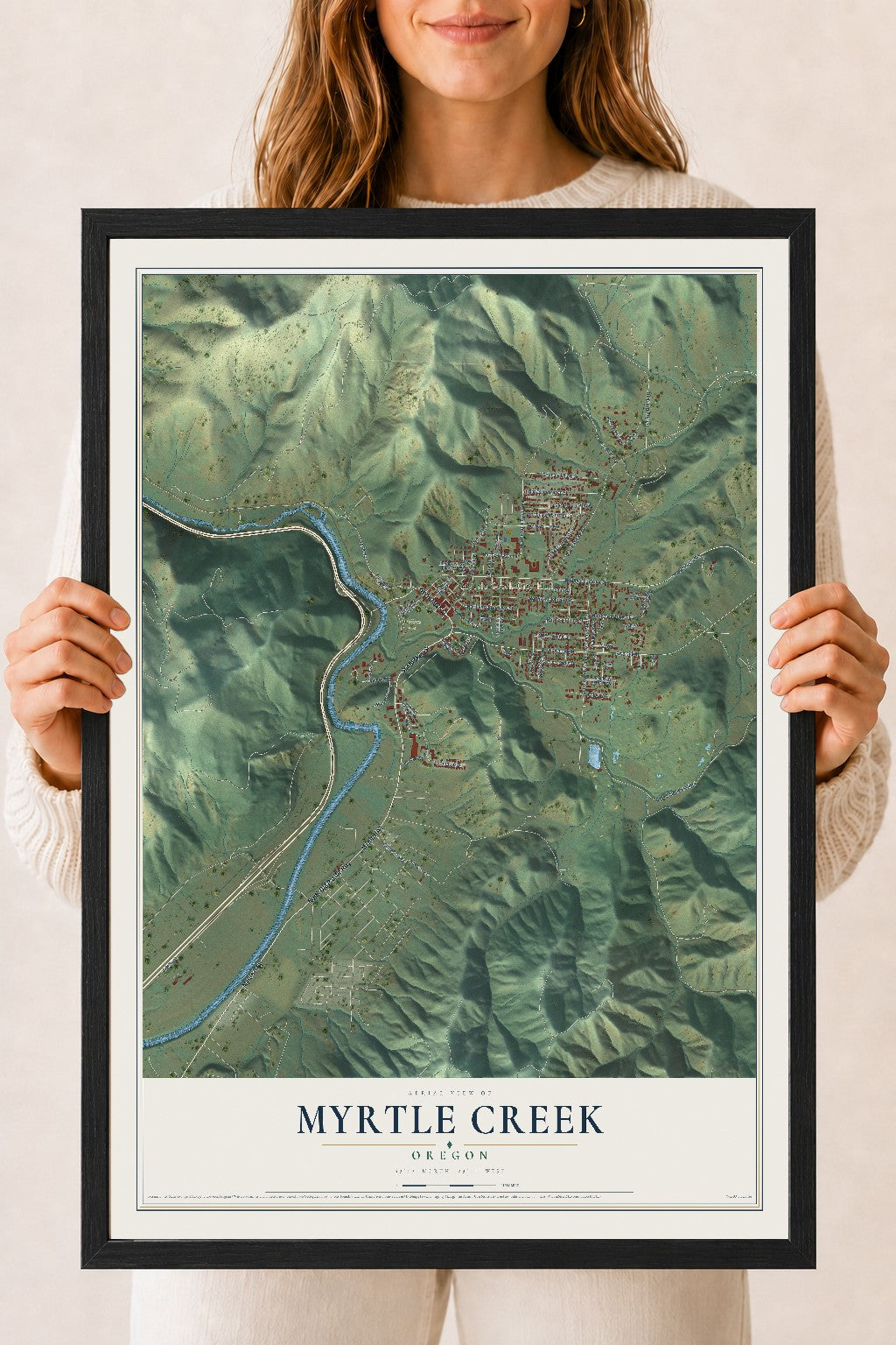 Map of Myrtle Creek, Oregon, 18 x 24 inch print in a black wood frame