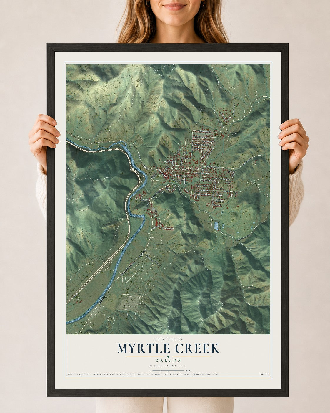 Map of Myrtle Creek, Oregon, 24 x 36 inch print in a black wood frame