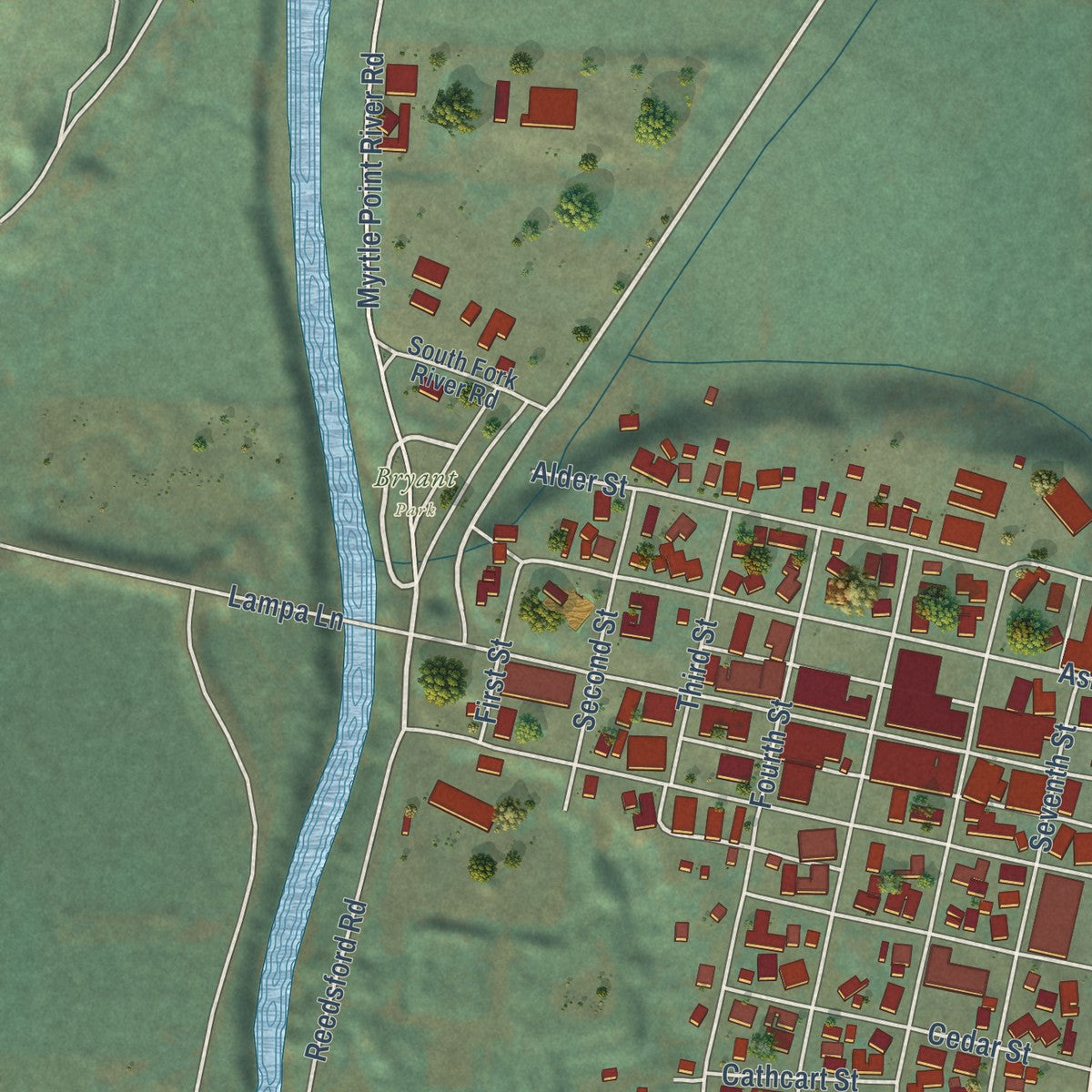 Second close-up of the map of Myrtle Point, Oregon print showing more streets and buildings