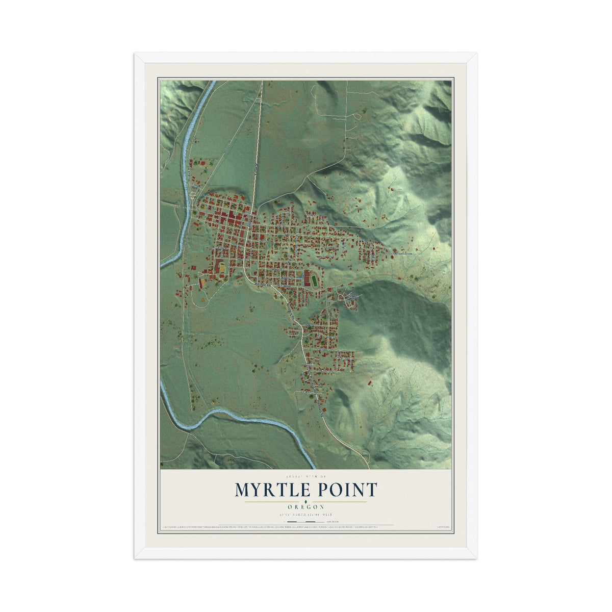 Map of Myrtle Point, Oregon, 12 x 18 inch print in a white wood frame