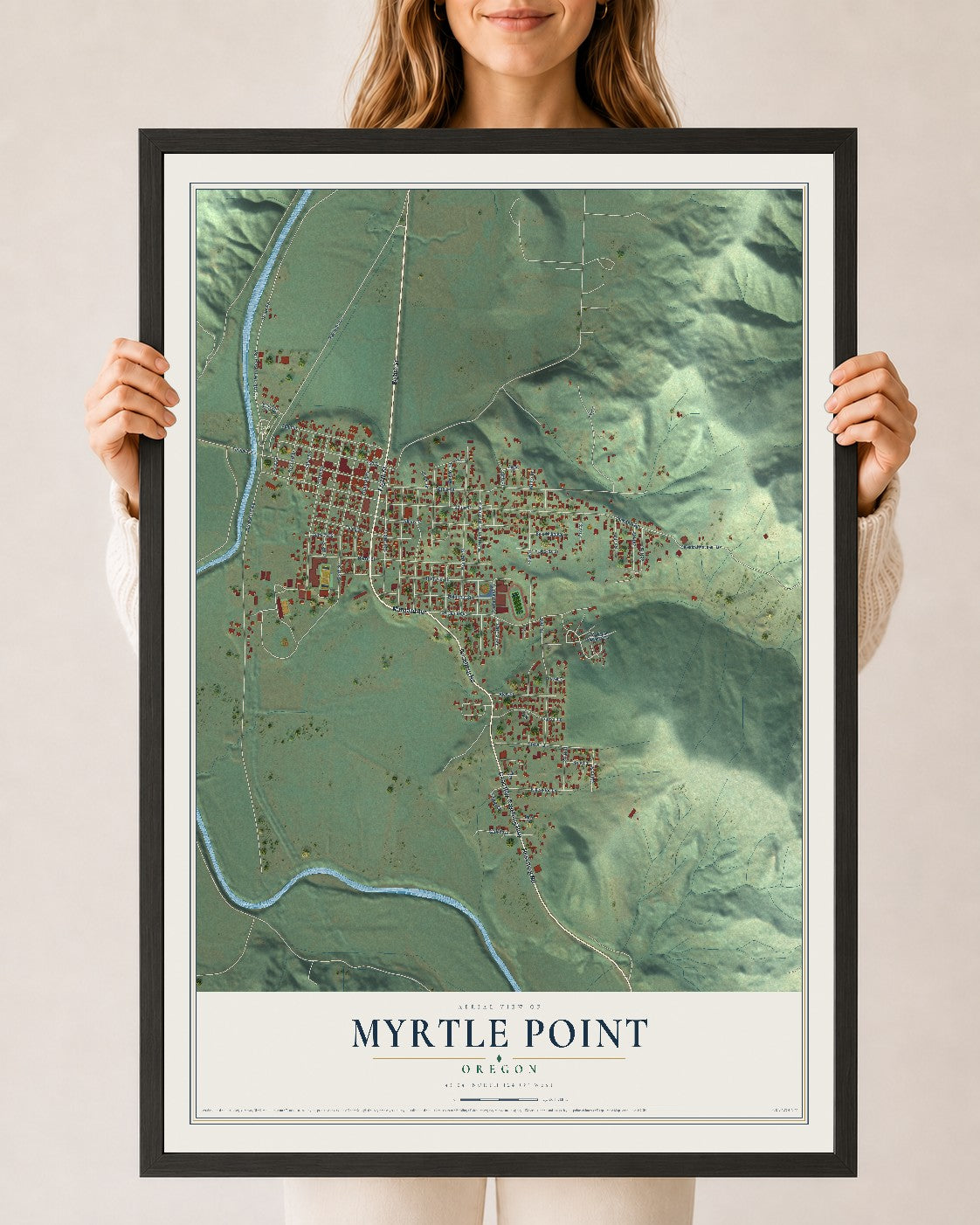 Map of Myrtle Point, Oregon, 24 x 36 inch print in a black wood frame