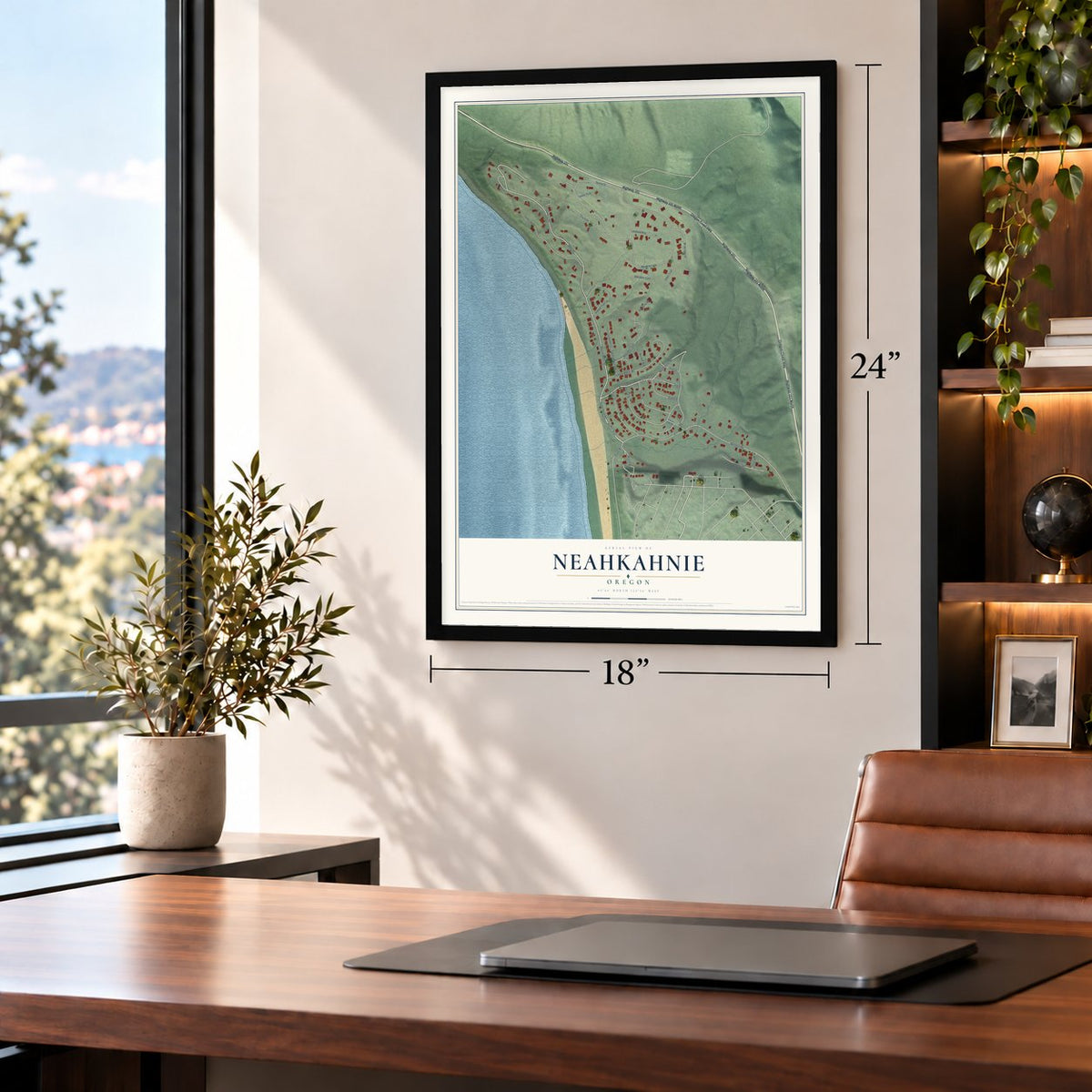 Neahkahnie, Oregon map, 18 x 24 inch print in a black frame in a home office