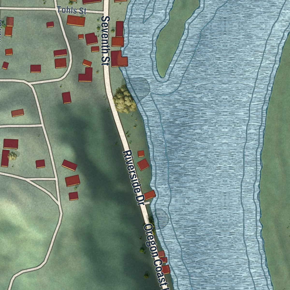 Second close-up of the map of Nehalem, Oregon print showing more streets and buildings