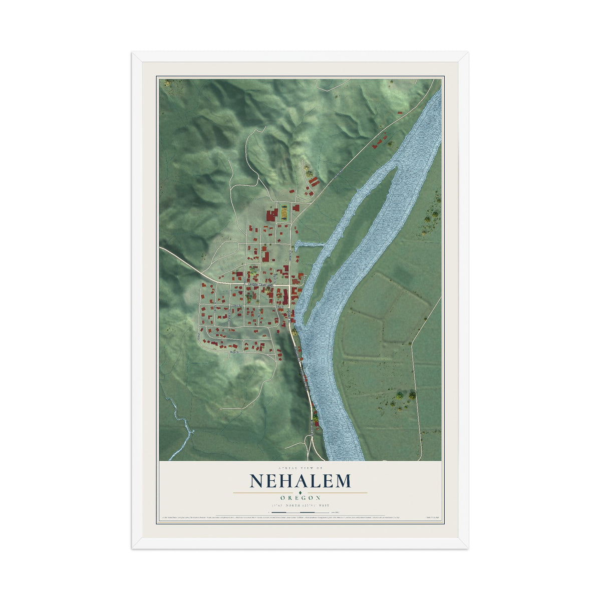 Map of Nehalem, Oregon, 12 x 18 inch print in a white wood frame
