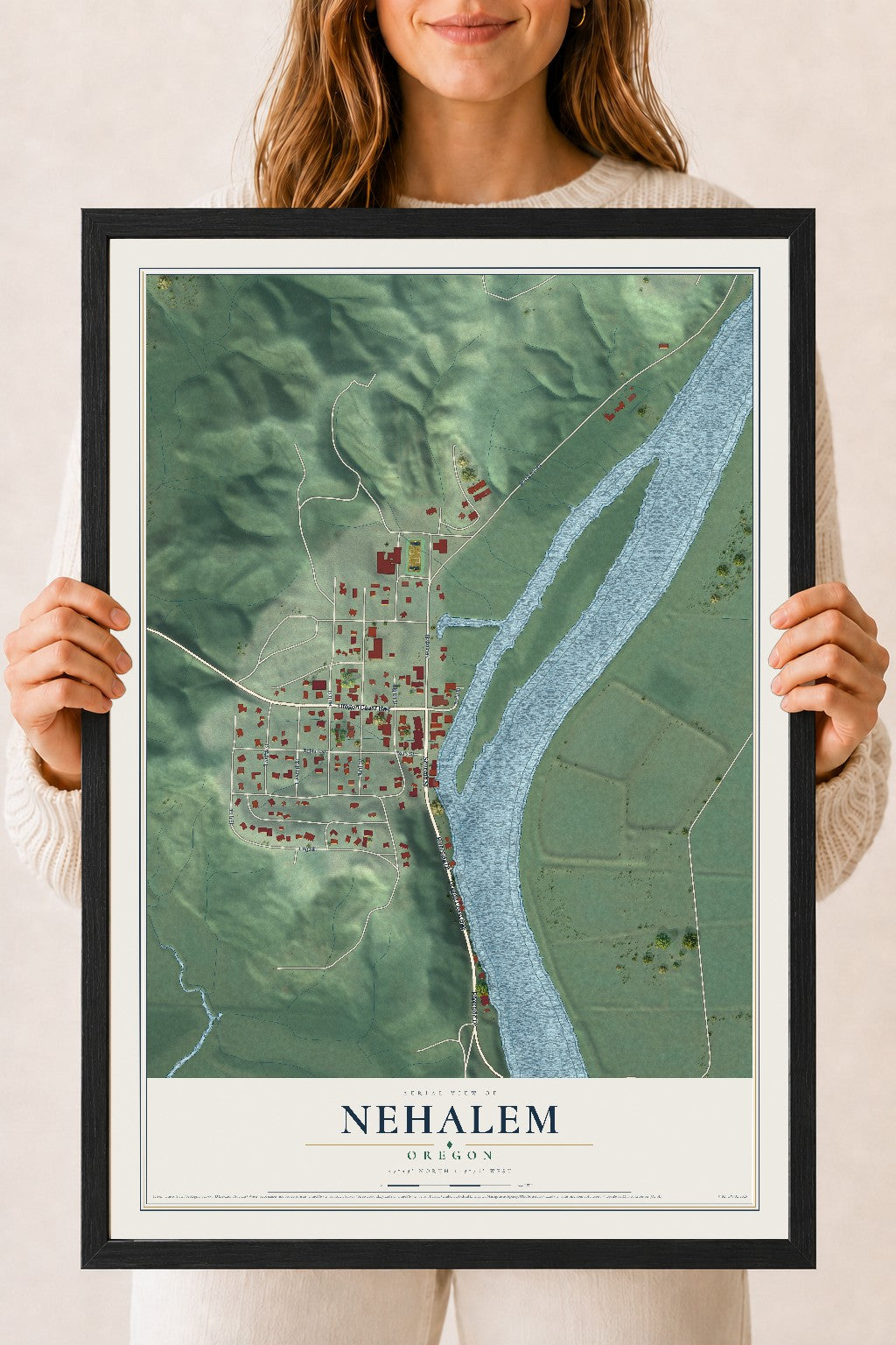 Map of Nehalem, Oregon, 18 x 24 inch print in a black wood frame