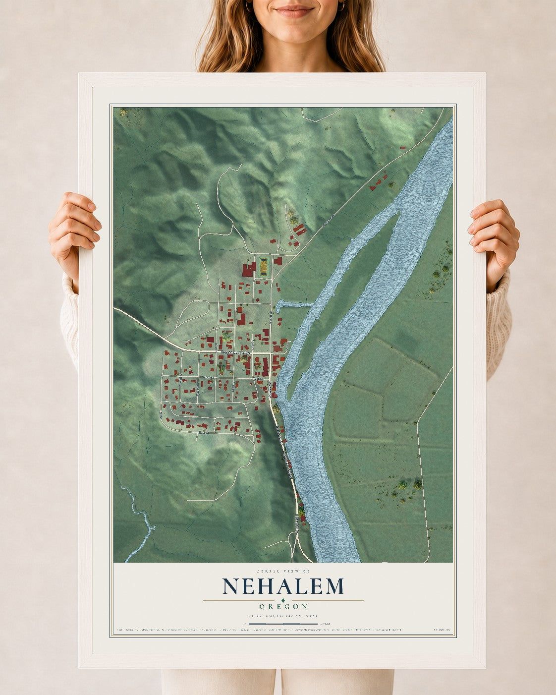 Map of Nehalem, Oregon, 24 x 36 inch print in a white wood frame