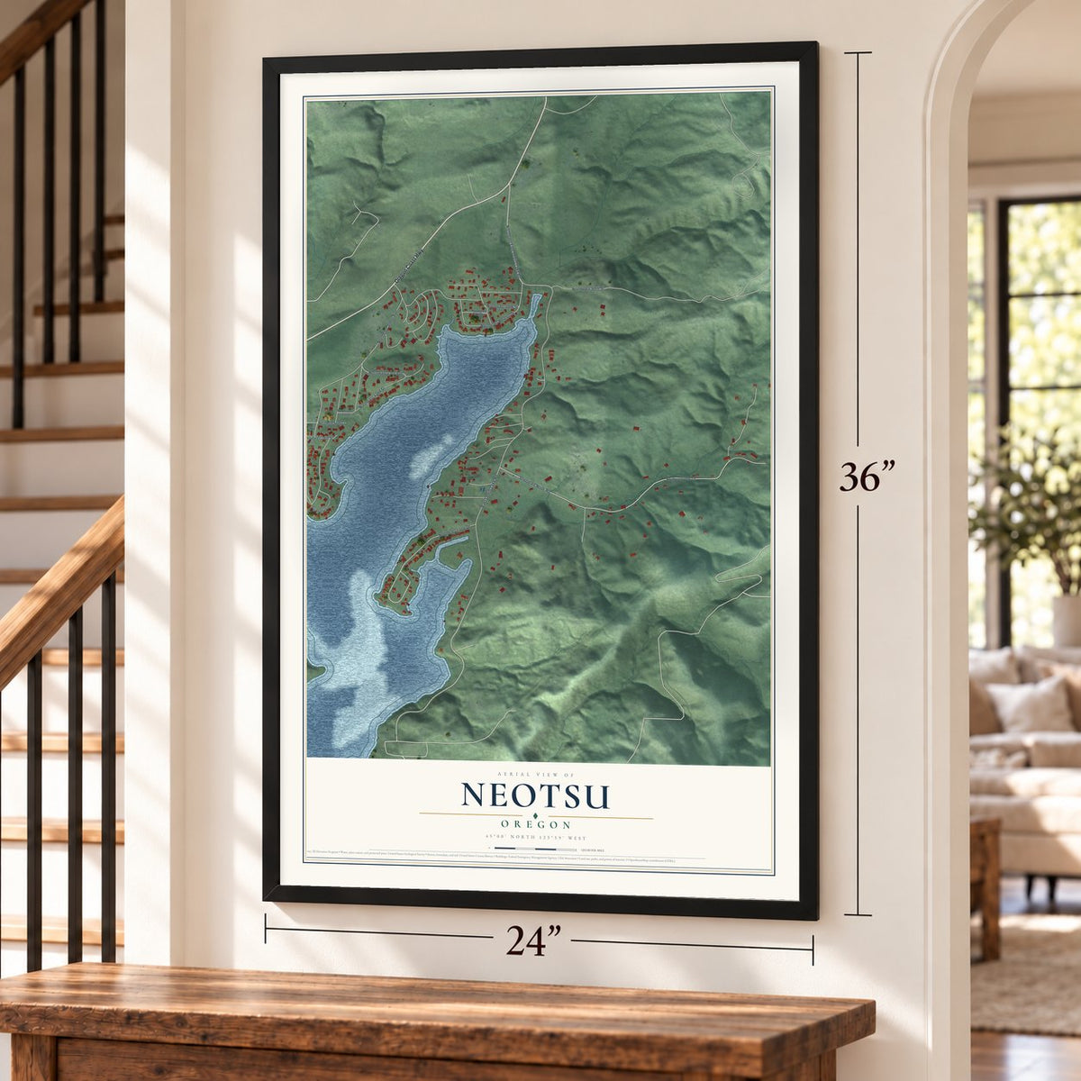 Neotsu, Oregon map, 24 x 36 inch print in a black frame by a staircase