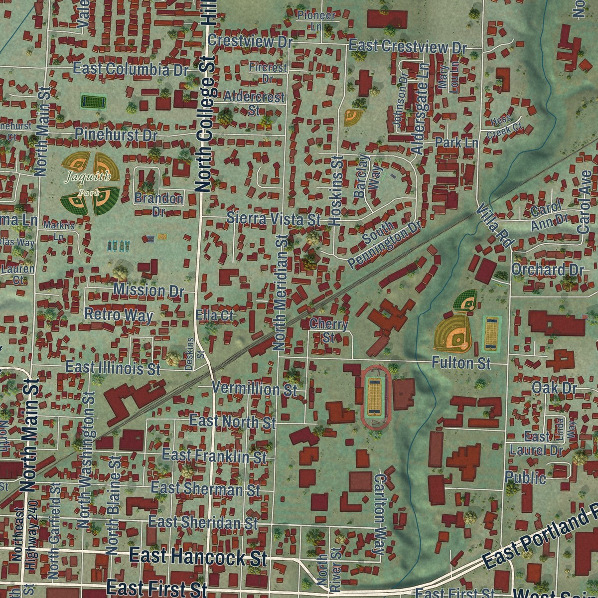 Close-up of the map of Newberg, Oregon print showing street and building detail