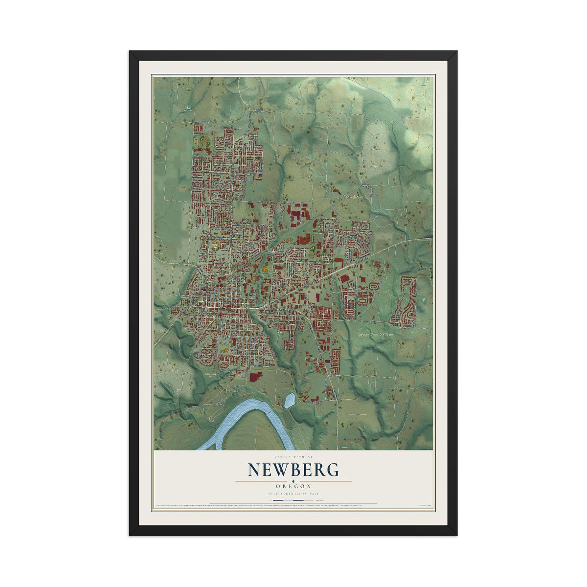 Map of Newberg, Oregon, 12 x 18 inch print in a black wood frame