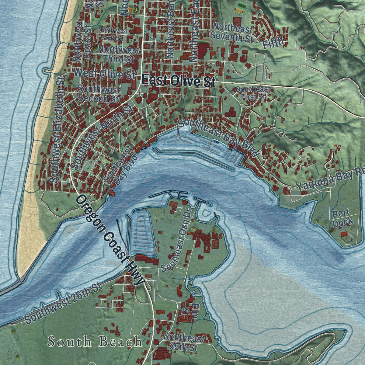 Close-up of the map of Newport, Oregon print showing street and building detail