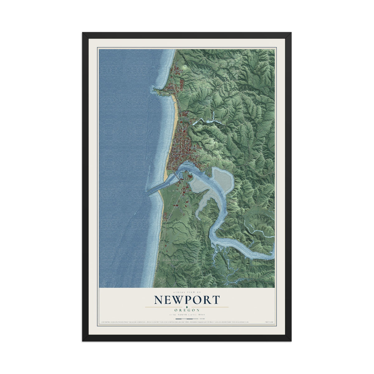 Map of Newport, Oregon, 12 x 18 inch print in a black wood frame