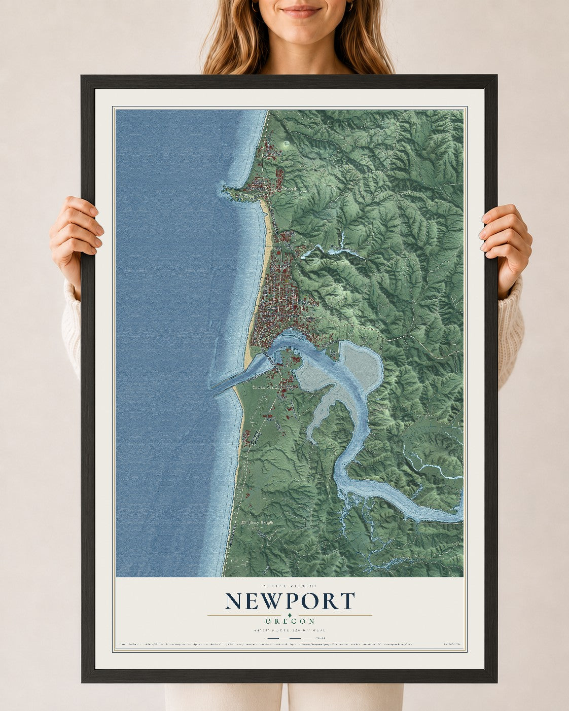 Map of Newport, Oregon, 24 x 36 inch print in a black wood frame