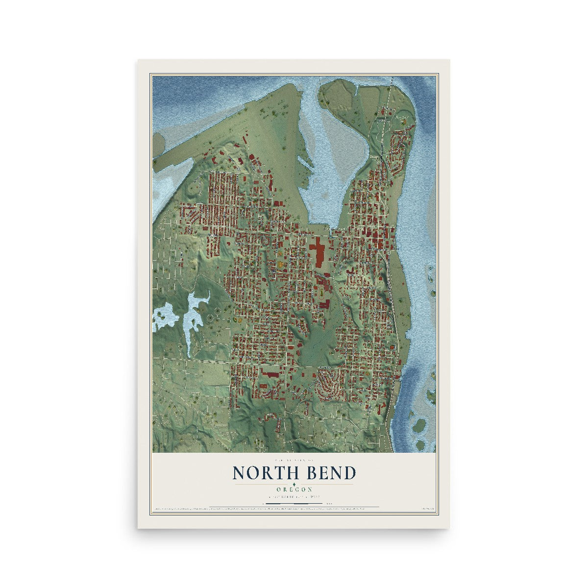 Map of North Bend, Oregon, 12 x 18 inch unframed archival matte print