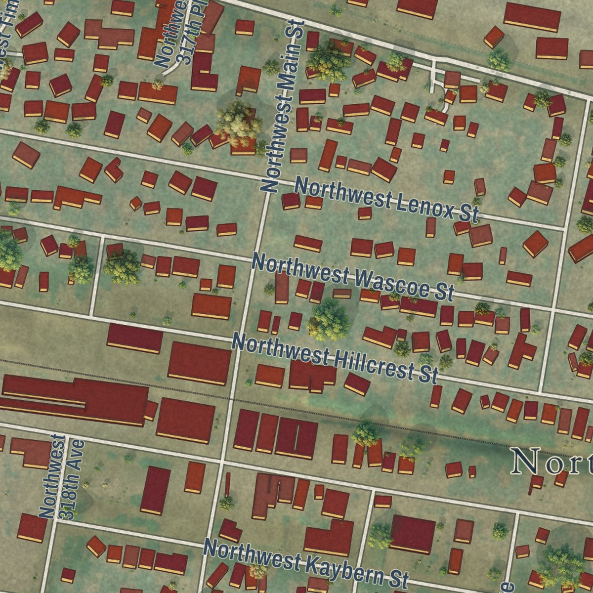 Close-up of the map of North Plains, Oregon print showing street and building detail