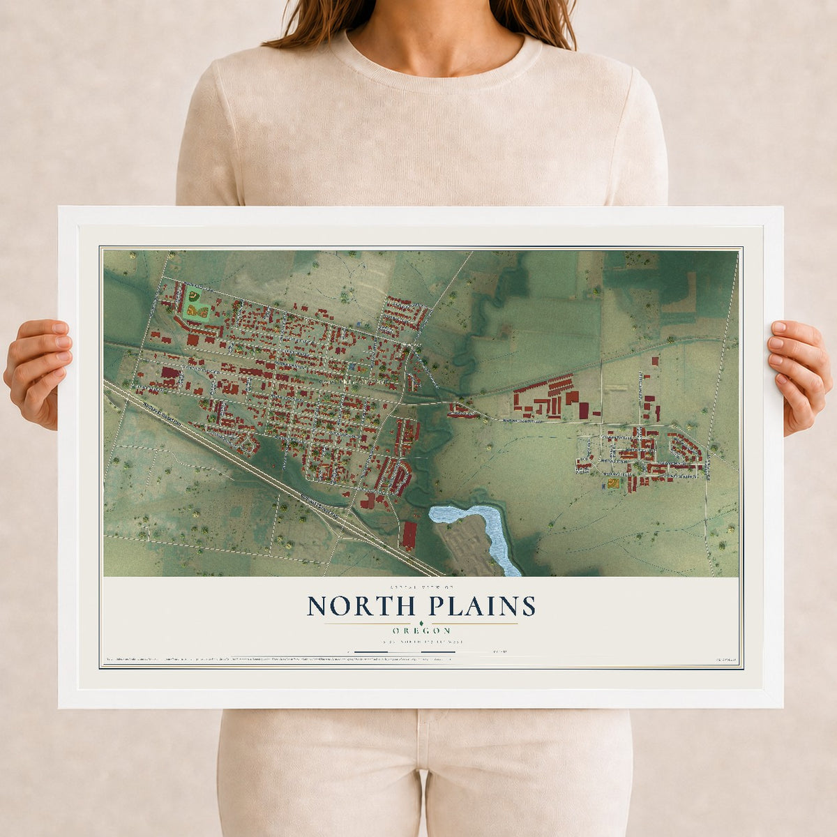 Map of North Plains, Oregon, 12 x 18 inch print in a white wood frame