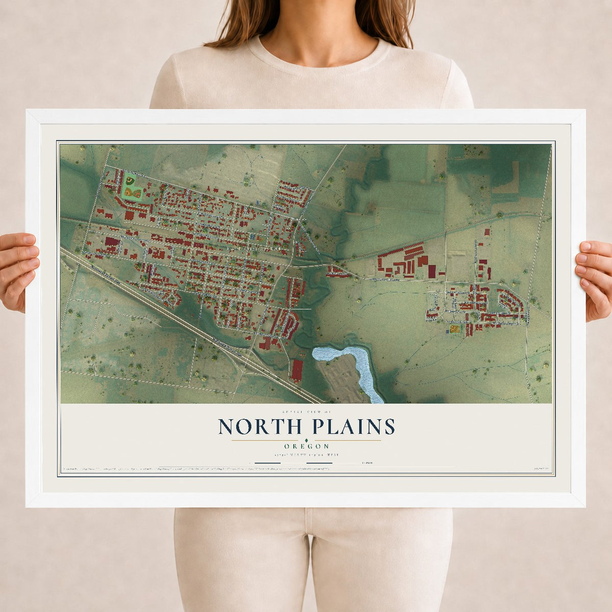 Map of North Plains, Oregon, 18 x 24 inch print in a white wood frame