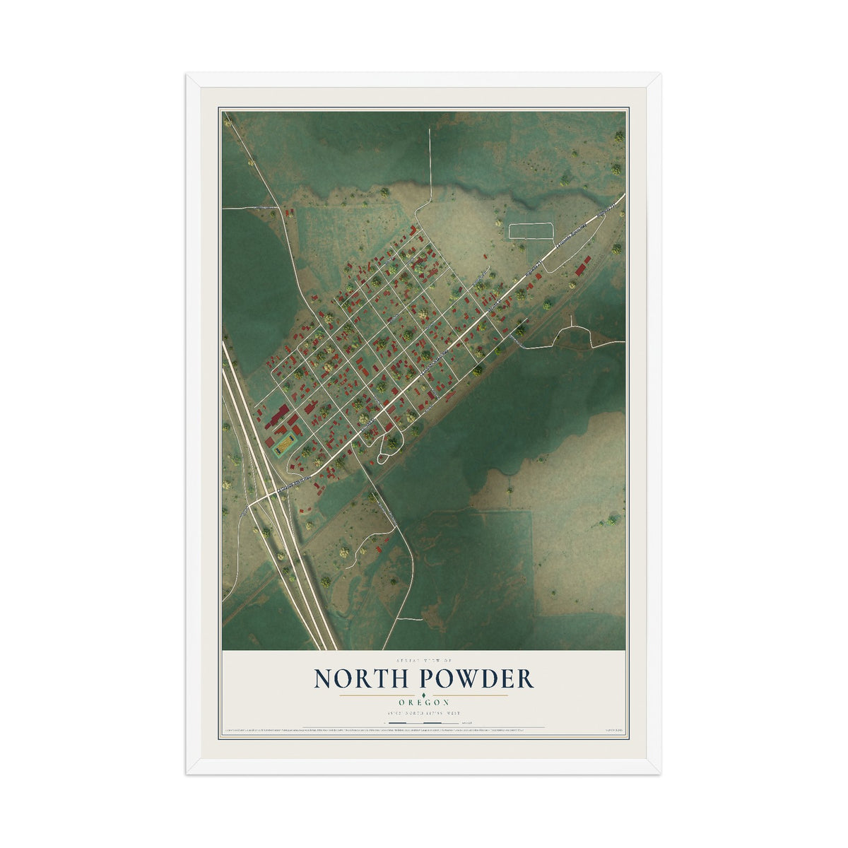 Map of North Powder, Oregon, 12 x 18 inch print in a white wood frame