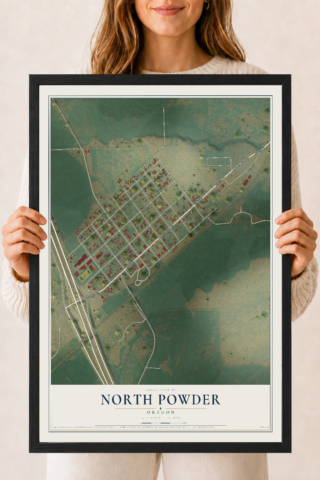 Map of North Powder, Oregon, 18 x 24 inch print in a black wood frame