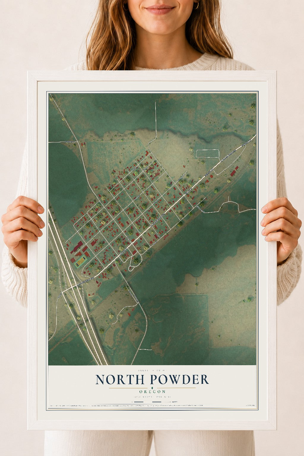 Map of North Powder, Oregon, 18 x 24 inch print in a white wood frame