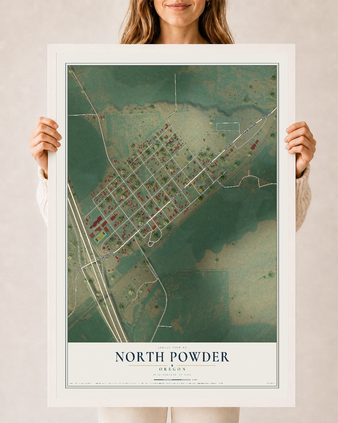 Map of North Powder, Oregon, 24 x 36 inch print in a white wood frame