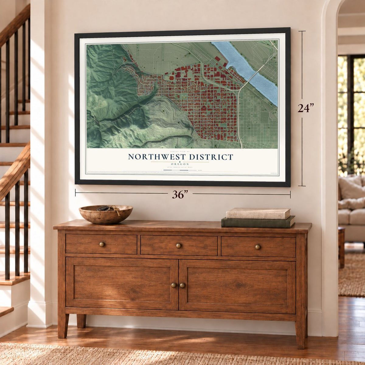 Northwest District, Oregon map, 24 x 36 inch print in a black frame above a dresser by a staircase