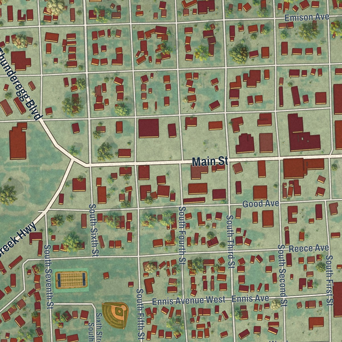 Close-up of the map of Nyssa, Oregon print showing street and building detail