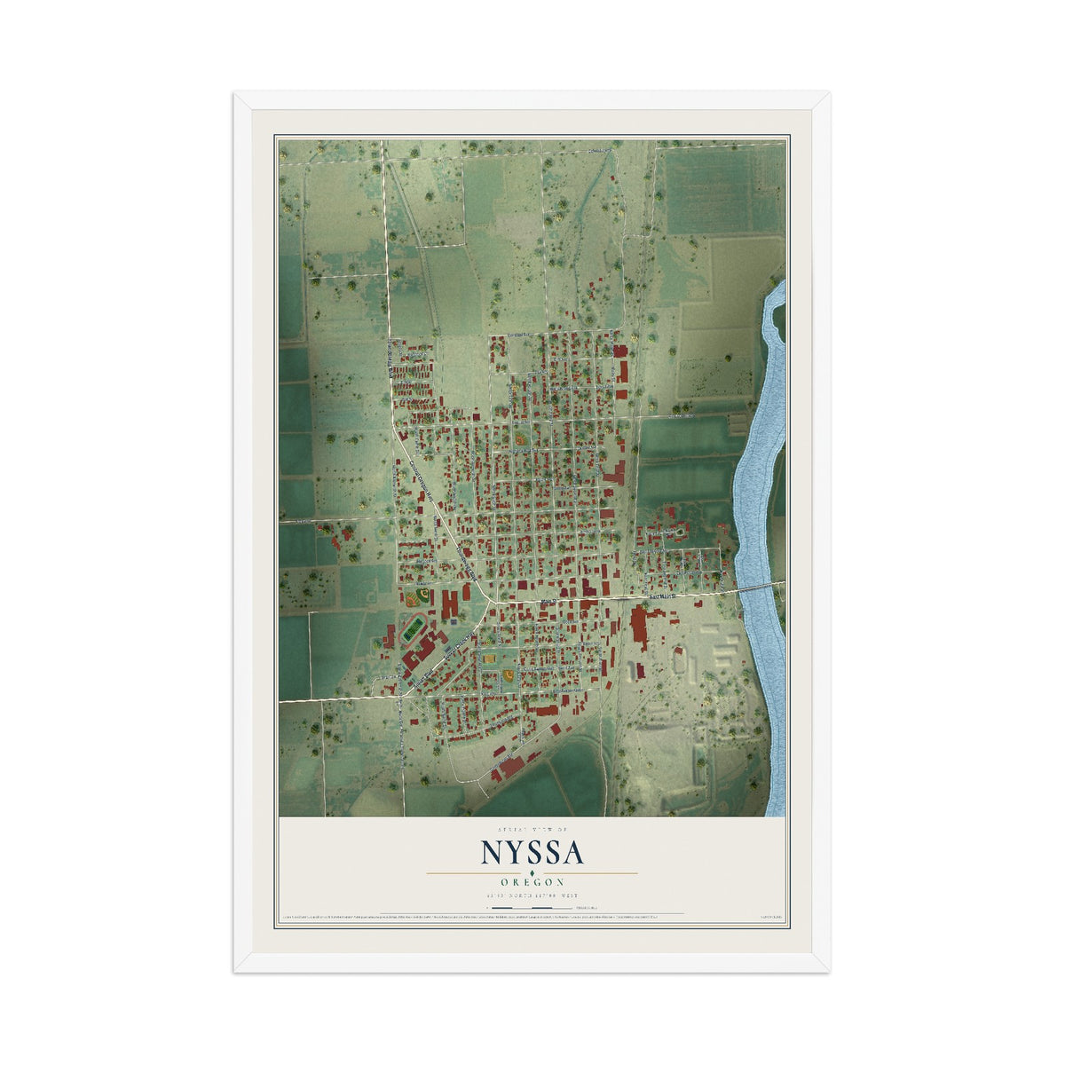 Map of Nyssa, Oregon, 12 x 18 inch print in a white wood frame