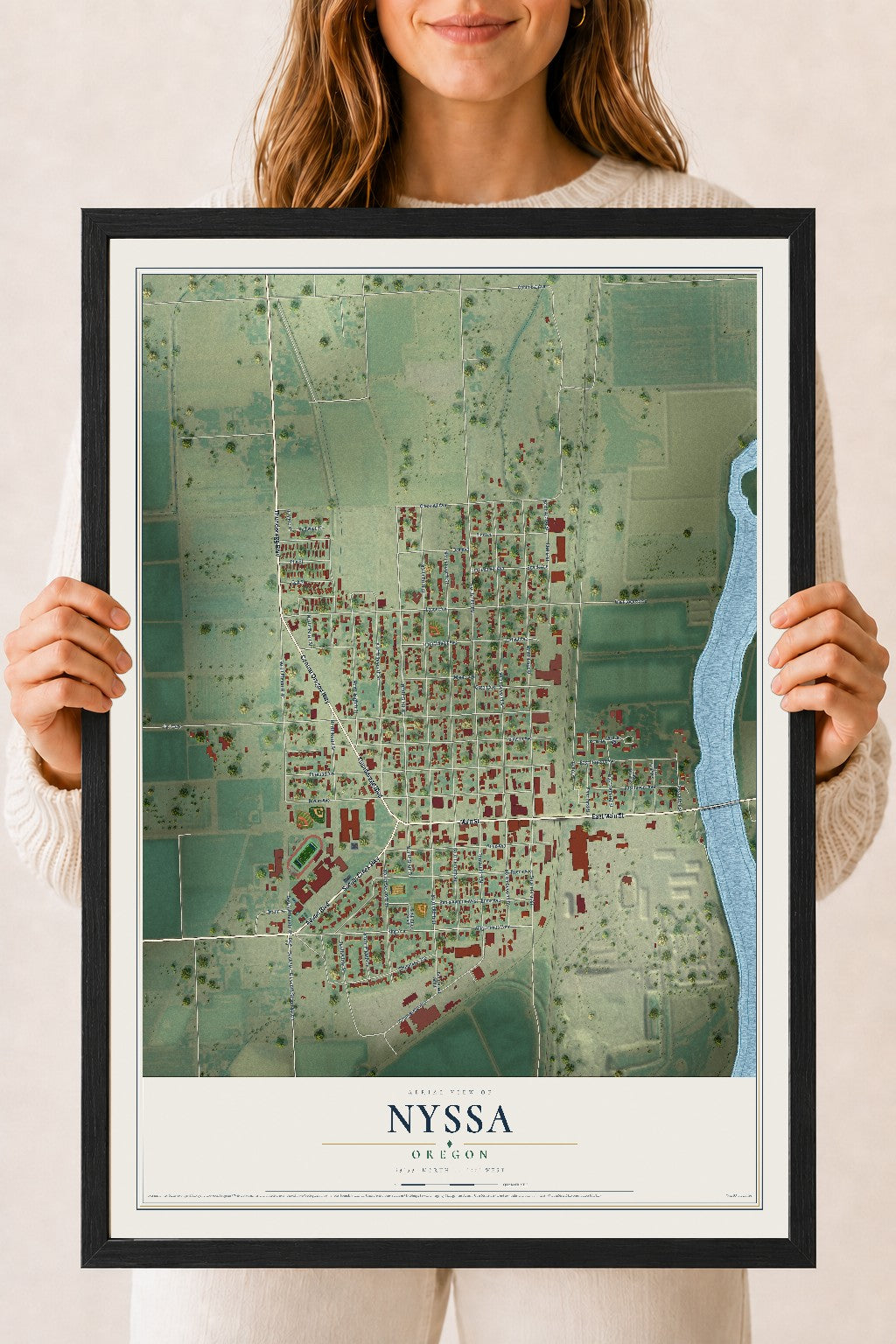 Map of Nyssa, Oregon, 18 x 24 inch print in a black wood frame