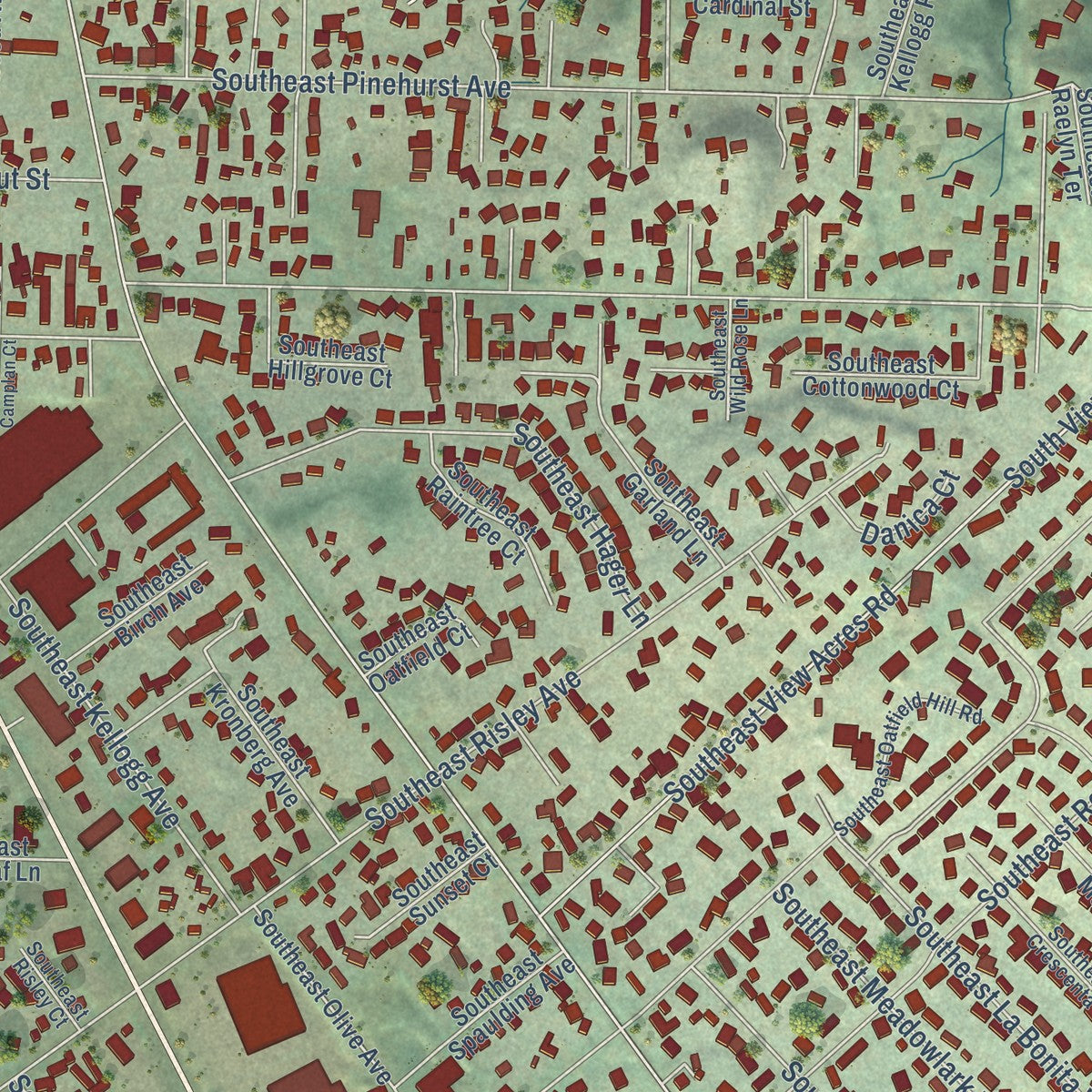 Close-up of the map of Oak Grove, Oregon print showing street and building detail