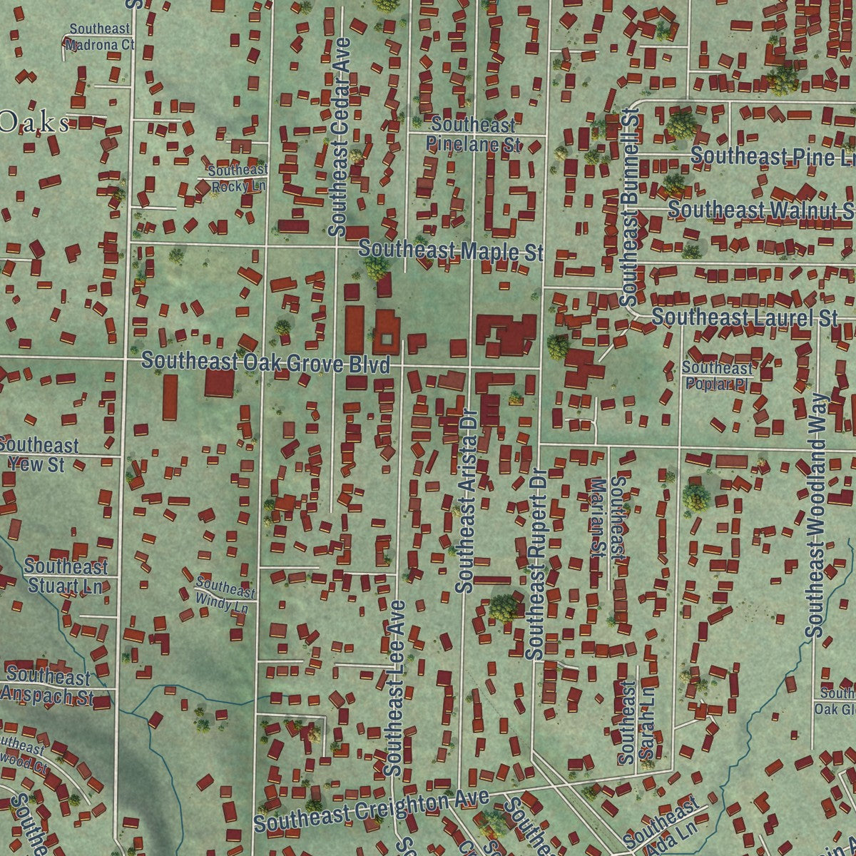 Second close-up of the map of Oak Grove, Oregon print showing more streets and buildings