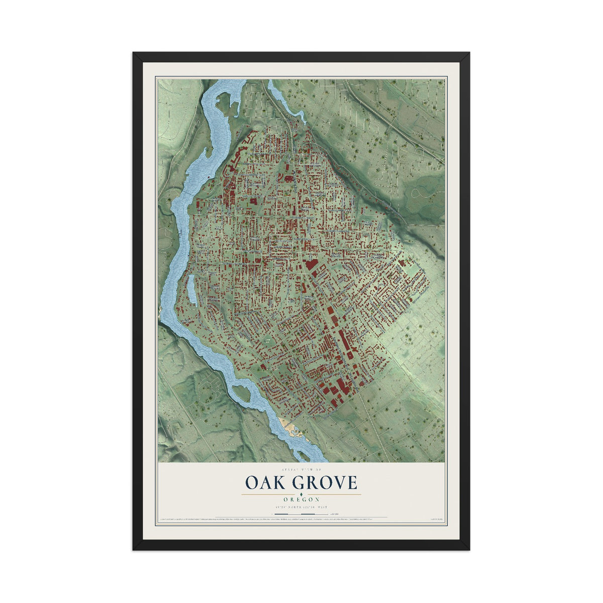 Map of Oak Grove, Oregon, 12 x 18 inch print in a black wood frame
