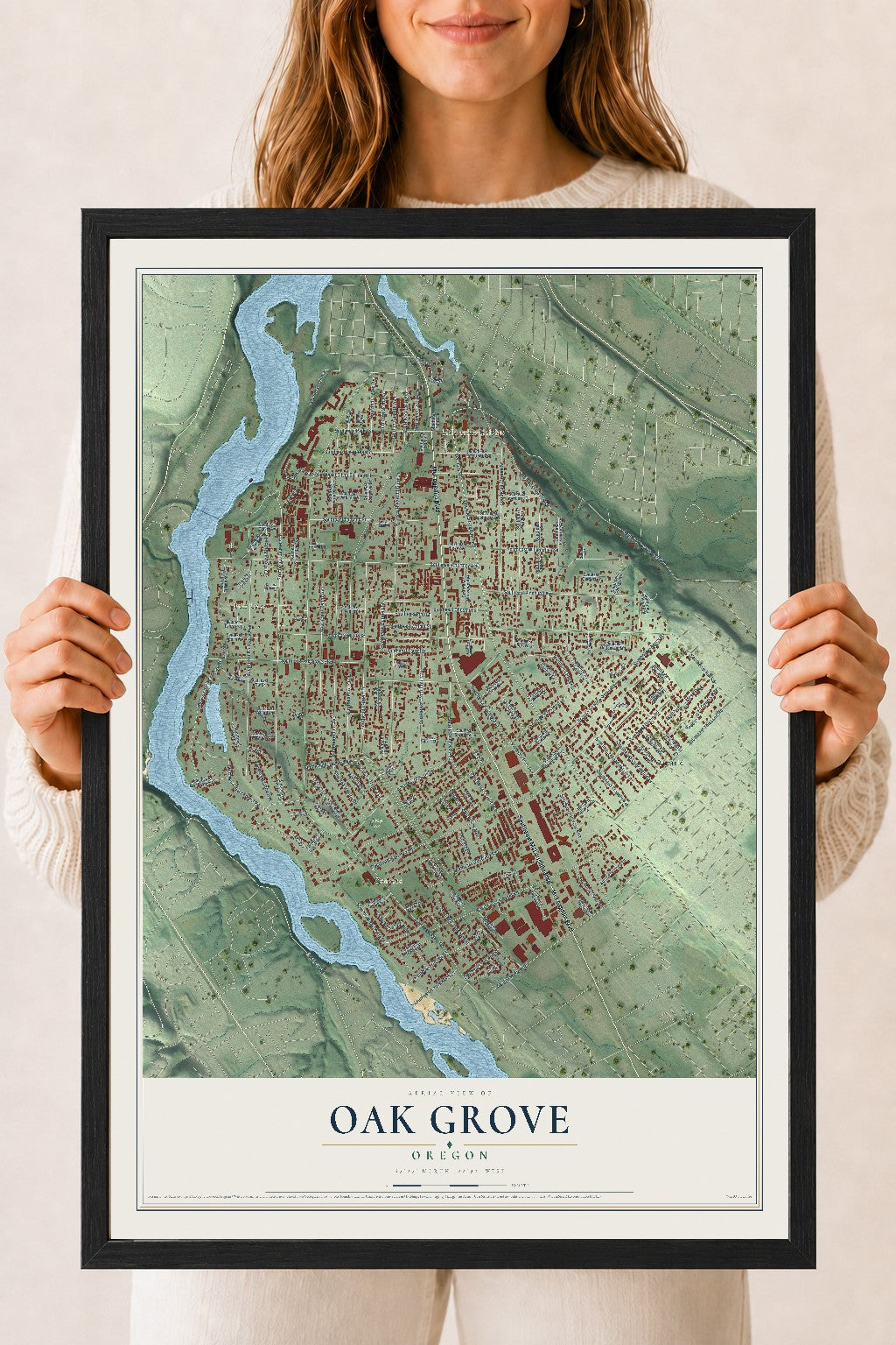 Map of Oak Grove, Oregon, 18 x 24 inch print in a black wood frame