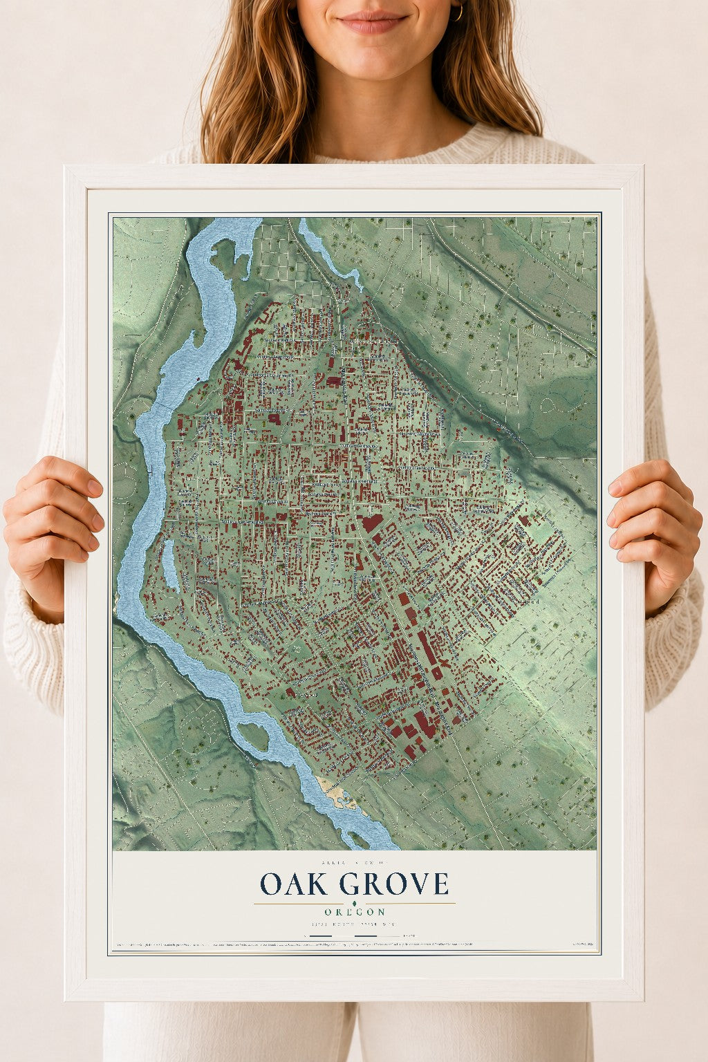 Map of Oak Grove, Oregon, 18 x 24 inch print in a white wood frame
