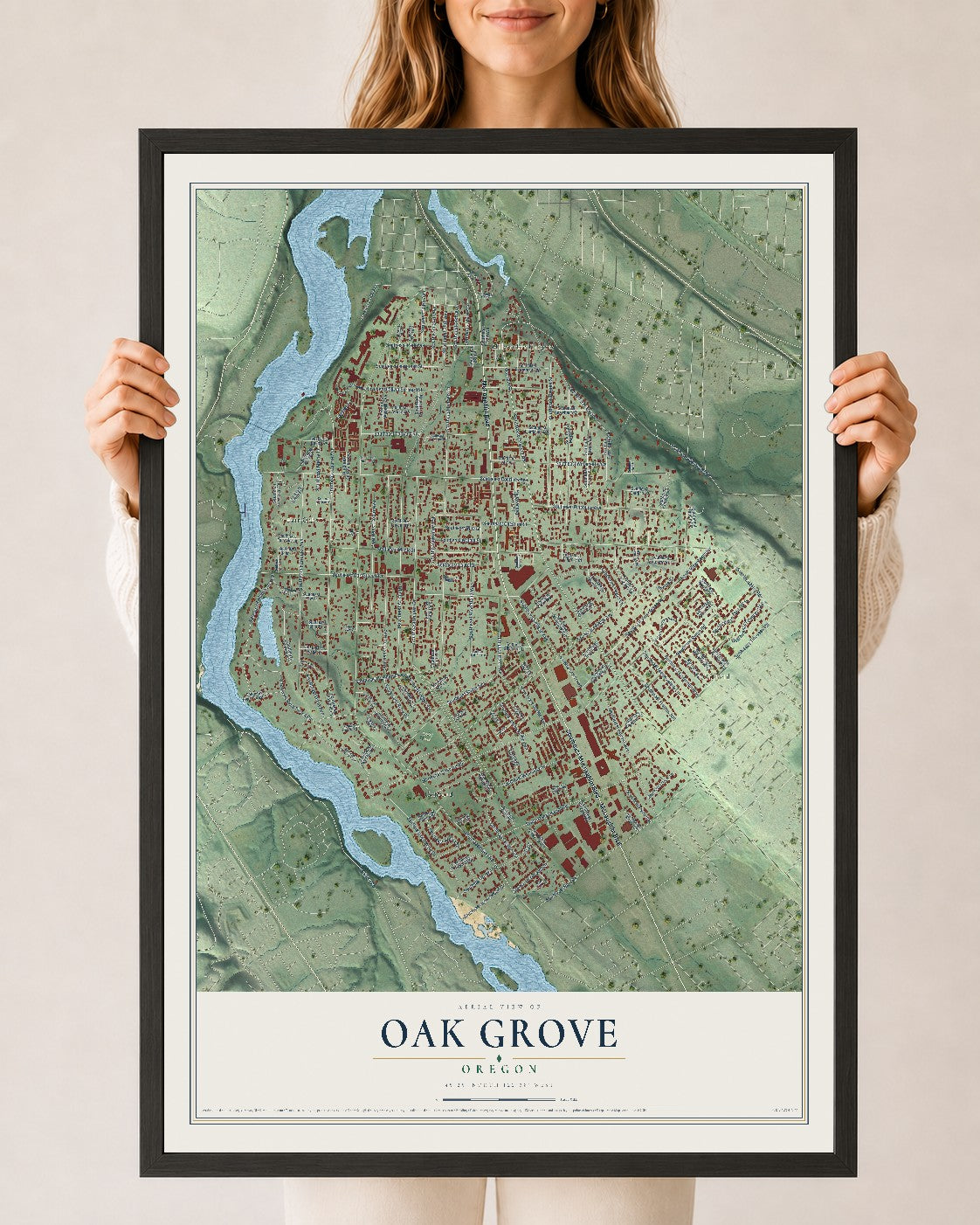 Map of Oak Grove, Oregon, 24 x 36 inch print in a black wood frame